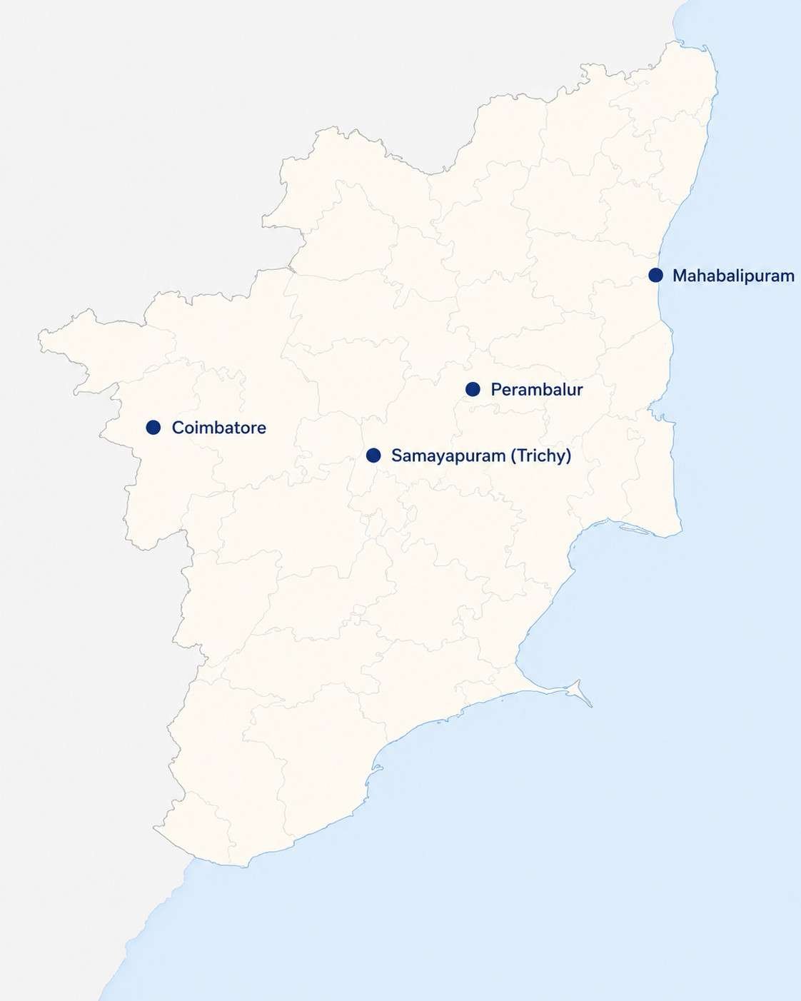 Tamil Nadu mobile campus journey map showing Coimbatore, Samayapuram, Perambalur and Mahabalipuram